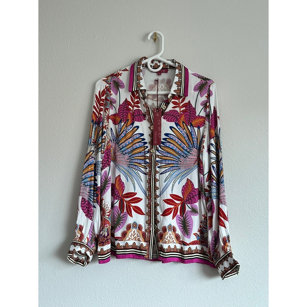Rose & Thyme Womens Tropical Bird Floral Print  Button Down Blouse Medium NWT